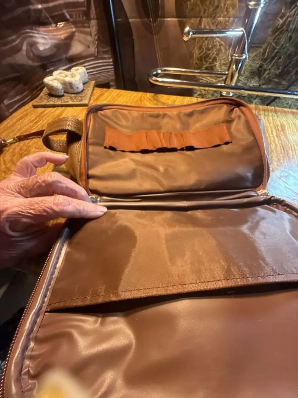 Lagerfeld Brown Pebbled Leather Toiletry Travel Bag